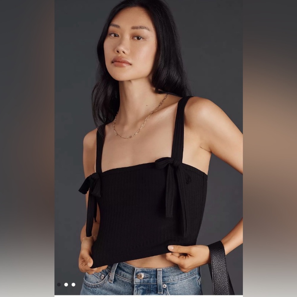 Anthropologie White Ribbed Bow-Shoulder Knit Tank, Size XL, NWT